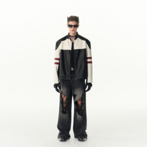 IMXS Color Block Patchwork Jacket Patchwork PU Leather Retro Motorcycle Jacket