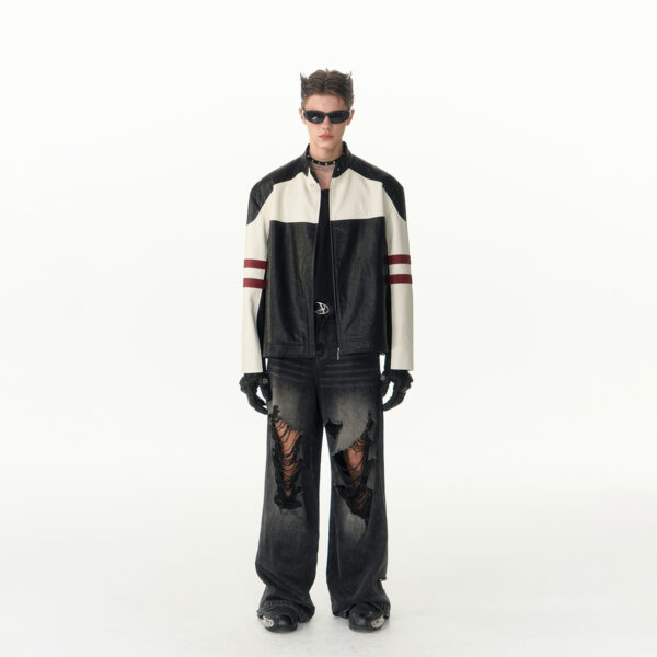 IMXS Color Block Patchwork Jacket Patchwork PU Leather Retro Motorcycle Jacket