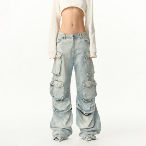 IMXS Multi-Pocket Stir-Fry Salt Denim Pants, Heavy-Duty Workwear with Washed Distressed Holes.