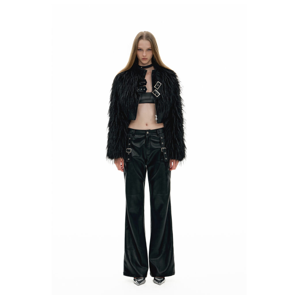 IMXS Black Plush Coat, Short Slim Fit Seasonal Spicy Girl Top for Women
