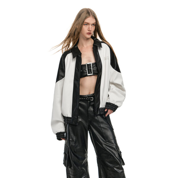 IMXS Black and White Patchwork PU Leather Jacket with Cloth Embroidery, Couple's New Outerwear.