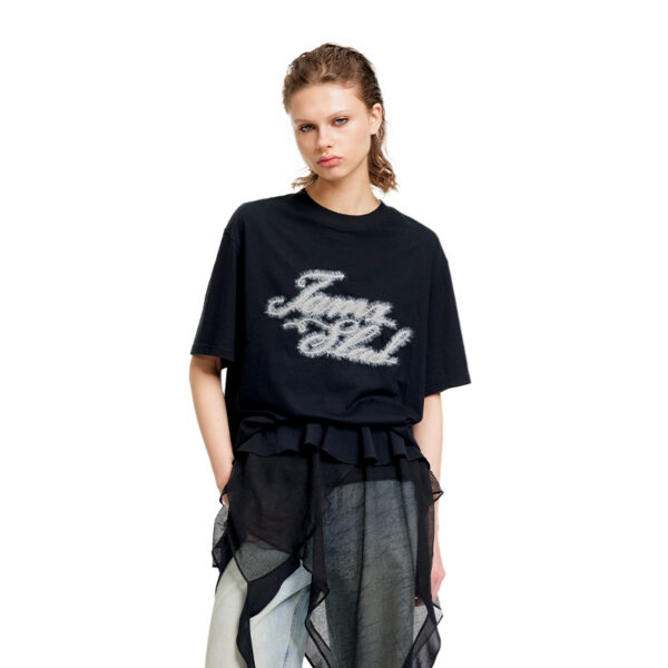 IMXS faux mohair lettering logo loose and soft loose-shouldered round-neck short-sleeved T-shirt for spring/summer 2026 new collection