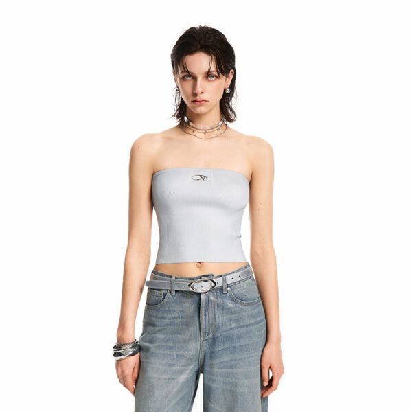 【Similar to Shen Mengyao's style】 IMXS detachable metal shoulder strap bralette with silver heat-embossed flat neckline, sheer and form-fitting camisole style top to wear underneath