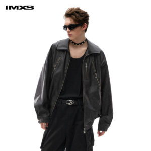 IMXS [Celebrity Style] Black Notched Lapel Jacket, American Motorcycle-Style PU Leather Coat, Unisex Trendy Spring and Autumn Outerwear
