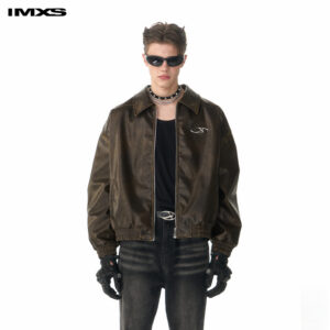 IMXS [Celebrity-Style] American Vintage Distressed Hand-Brushed PU Leather Jacket, Motorcycle Collar Leather Coat